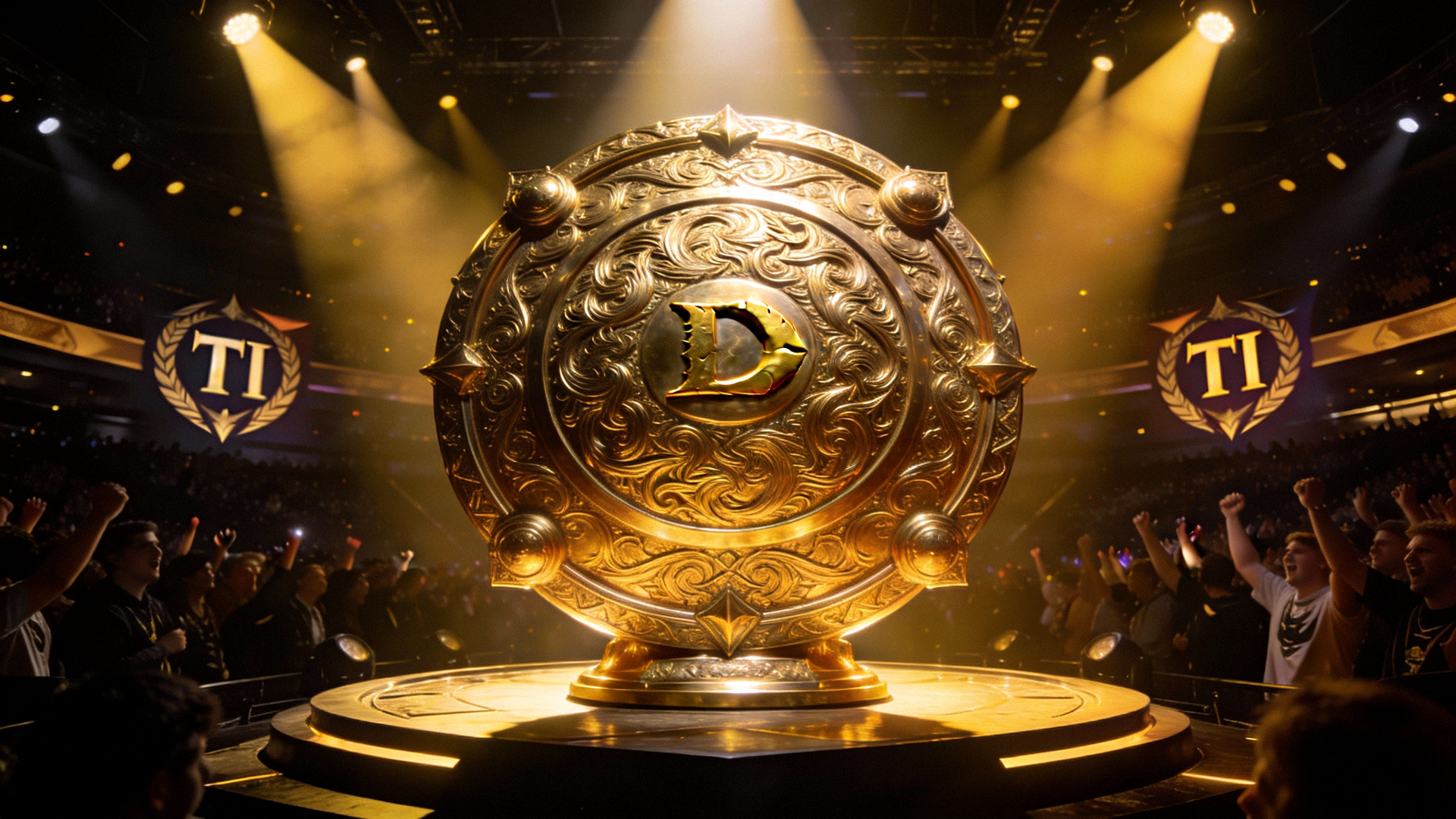 DOTA2国际邀请赛TI现场，巨大的冠军神盾奖杯在聚光灯下