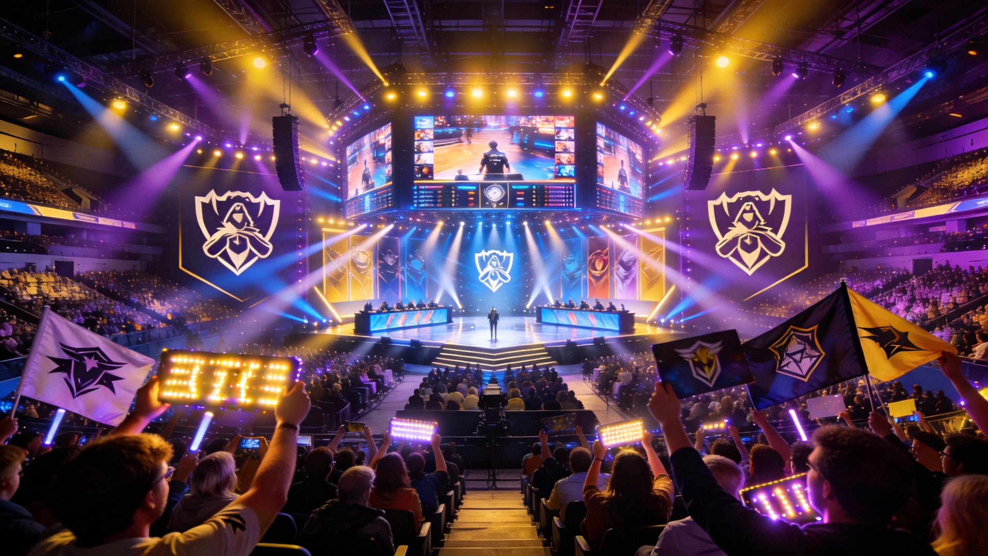 英雄联盟全球总决赛现场盛况，观众席座无虚席，舞台灯光璀璨